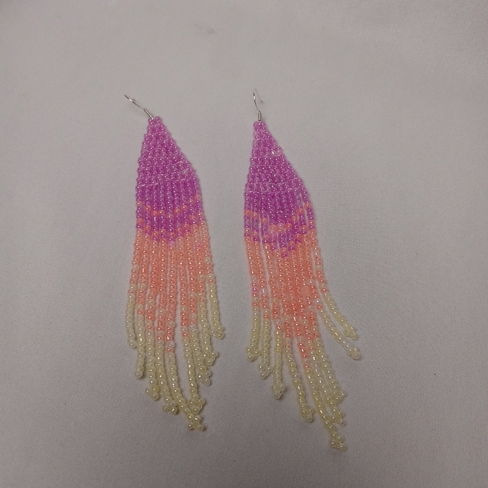 Elegant Beaded Dangle Earrings - Purple, Pink, Cream - Picture 4 of 9